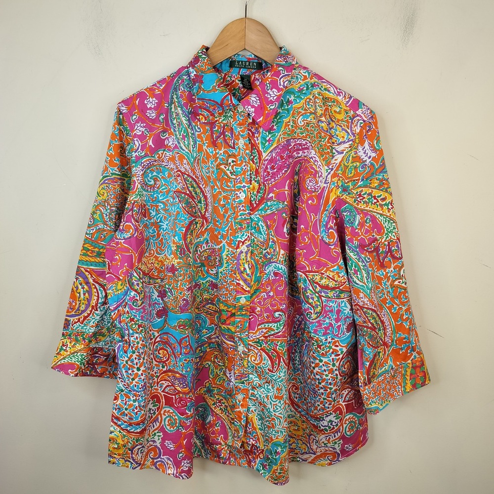Lauren Ralph Lauren Button Up Shirt 2X Paisley Floral Vibrant Multicolor